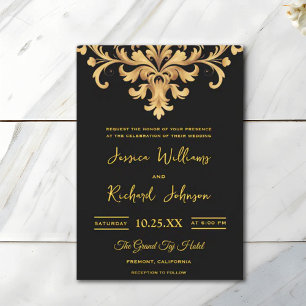 Invitation Royal Black Gold Damask Aquarelle Mariage