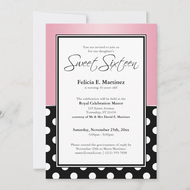 Invitation Royal Black Polka Sweet sixteen rose (Devant)