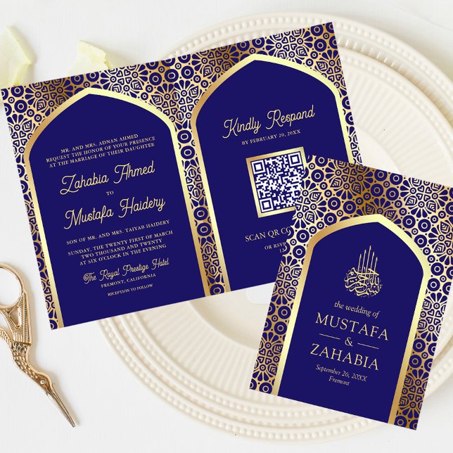 Invitation Royal Bleu Arc Perse QR Code Musulman Mariage (Créateur téléchargé)