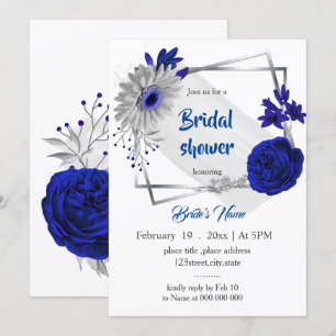 Invitation royal bleu argent floral géométrique douche nuptia