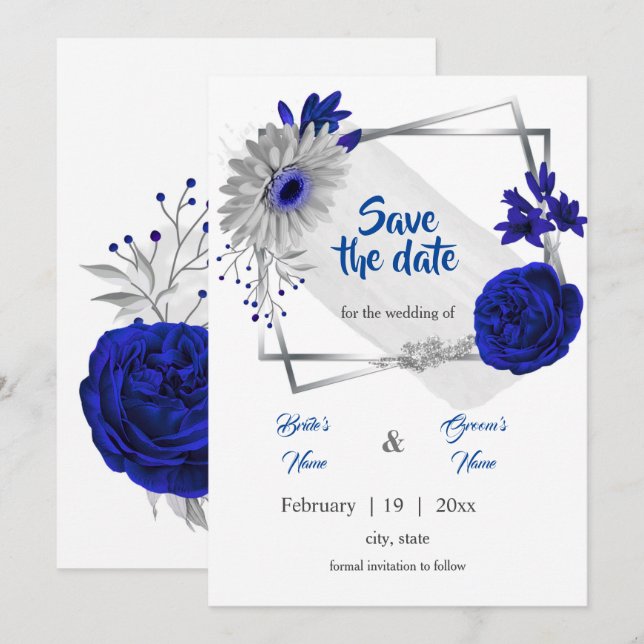 Invitation royal bleu argent floral géométrique enregistrer l (Devant / Derrière)