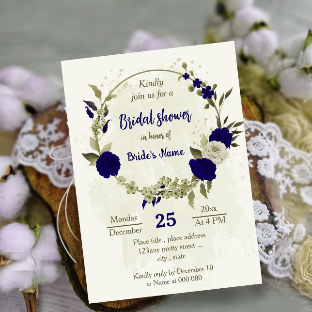 Invitation Royal bleu beige fleurs botanique nuptiale (Créateur téléchargé)