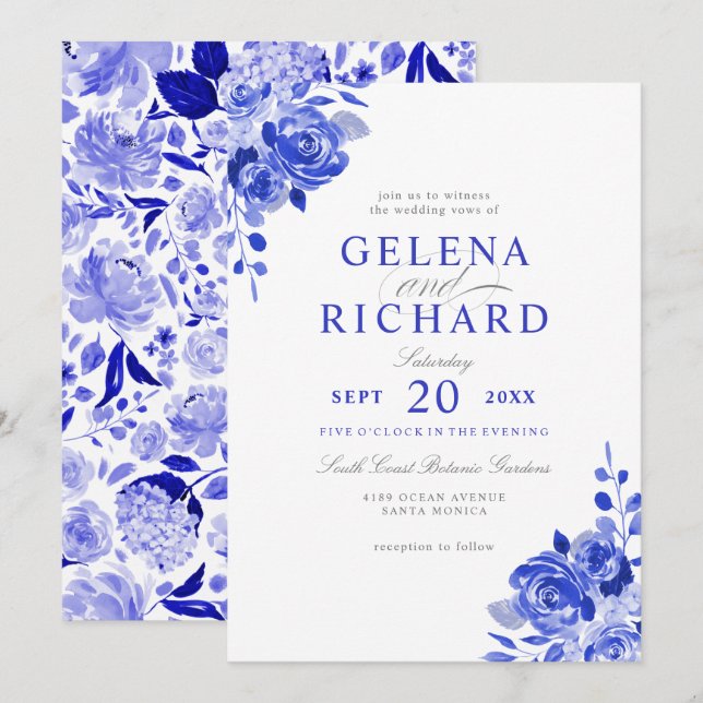 Invitation Royal Bleu & Blanc Aquarelle Bleu Floral Mariage (Devant / Derrière)
