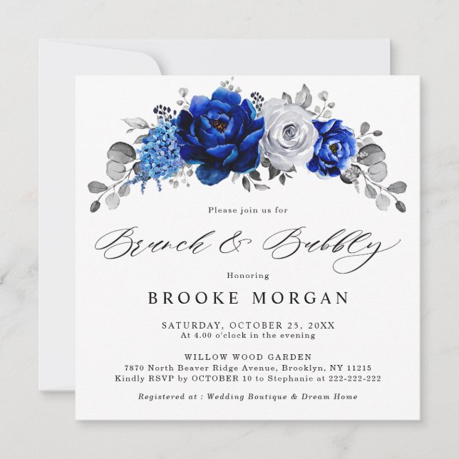 Invitation Royal Bleu Blanc Argent Métallo Brunch et Bubbly (Devant)