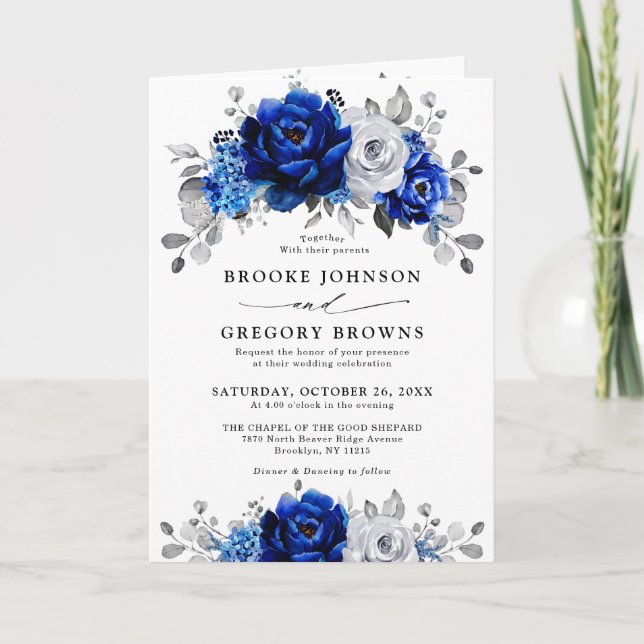 Invitation Royal Bleu Blanc Argent Métallo Mariage Floral (Devant)