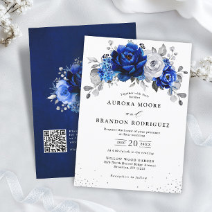 Invitation Royal Bleu Blanc Argent QR Code Floral Mariage