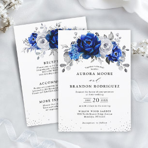 Invitation Royal Bleu Blanc Argent Tout en un Mariage Floral
