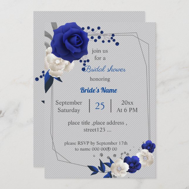 Invitation royal bleu blanc fleurs géométrique nuptiale (Devant / Derrière)