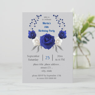 Invitation royal bleu blanc fleurs gris anniversaire