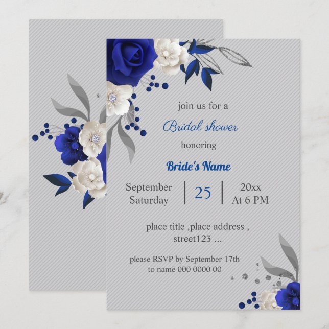 Invitation royal bleu blanc fleurs gris feuille nuptiale (Devant / Derrière)