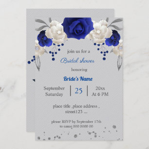 Invitation royal bleu blanc fleurs gris feuille nuptiale