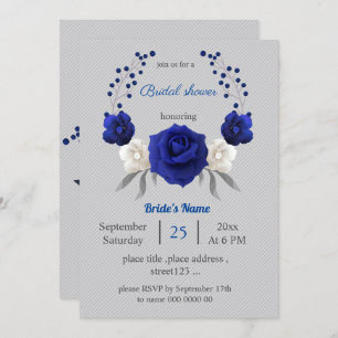 Invitation royal bleu blanc fleurs gris nuptiale