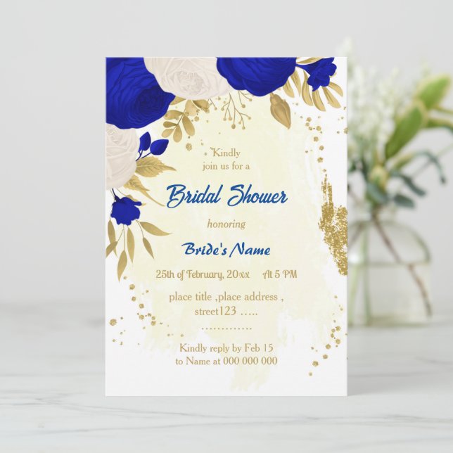 Invitation royal bleu & blanc fleurs or nuptiale douche (Debout devant)