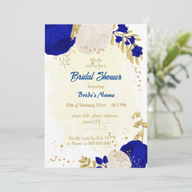 Invitation royal bleu & blanc fleurs or nuptiale douche (Debout devant)