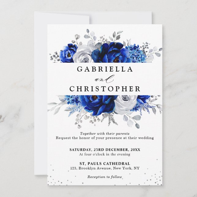 Invitation Royal Bleu Blanc Métallurier Argent Mariage Floral (Devant)