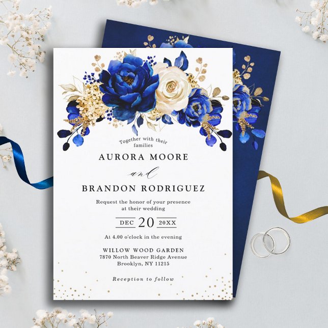 Invitation Royal Bleu Blanc Or métal Mariage floral Invi (Royal blue gold floral wedding invitation)