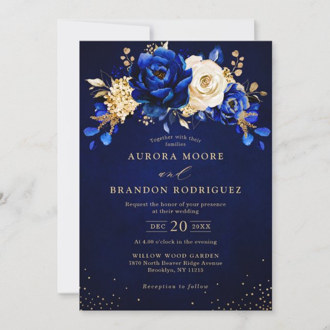 Invitation Royal Bleu Blanc Or métal Mariage floral Invi (Devant)