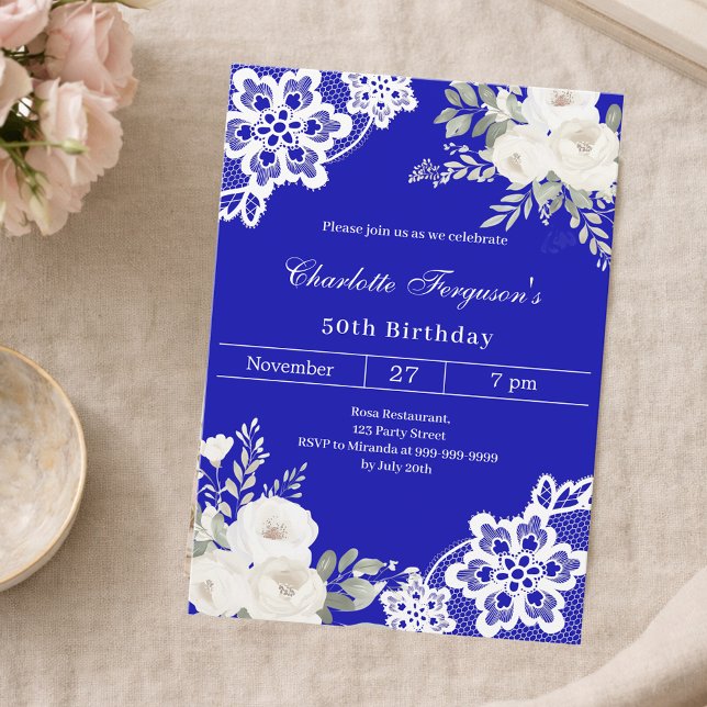 Invitation Royal bleu blanc roses dentelle anniversaire (Créateur téléchargé)