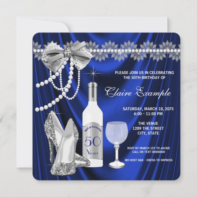 Invitation Royal Bleu et argent vieilli à l'anniversaire parf (Devant)