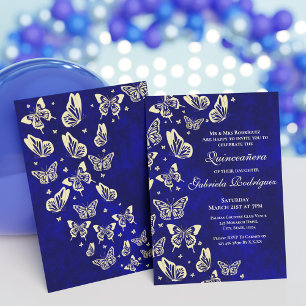 Invitation Royal Bleu et Gold Butterfly 15e anniversaire fête