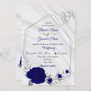 Invitation royal bleu fleurs argent géométrique mariage invit