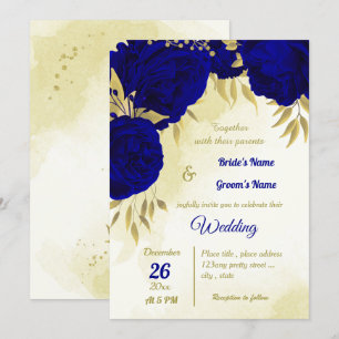 Invitation Royal bleu fleurs or feuille mariage