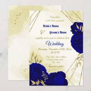 Invitation Royal bleu fleurs or feuille mariage