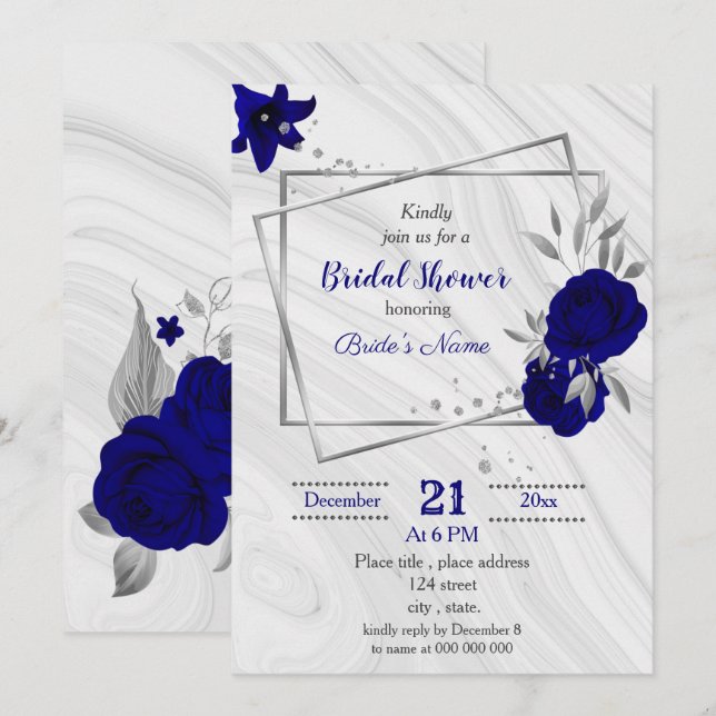 Invitation royal bleu gris gris gris géométrique douche nupti (Devant / Derrière)
