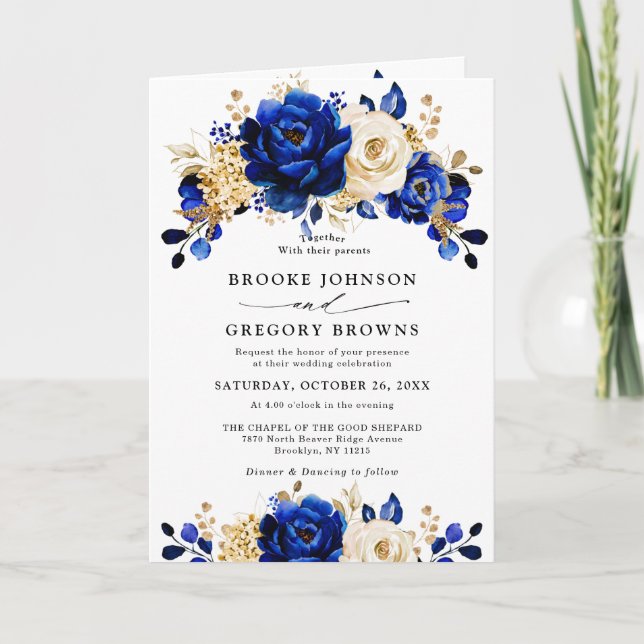 Invitation Royal Bleu Jaune Or Mariage métallique Floral (Devant)