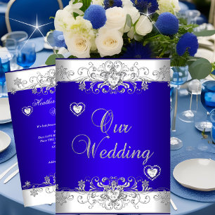 Invitation Royal bleu Mariage Argent Blanc Diamant Coeurs