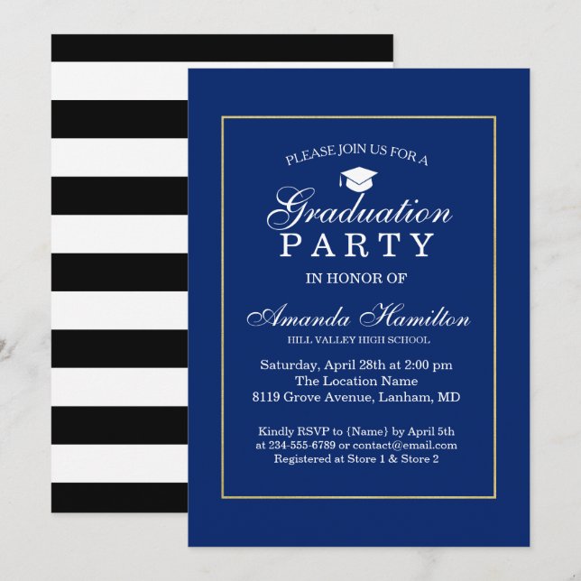 Invitation Royal bleu Modern Classic or Cadre Graduation (Devant / Derrière)