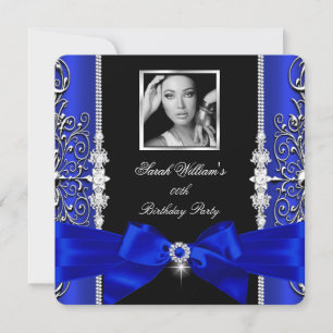 Invitation Royal Bleu Nœud Anniversaire Noir Argent Photo 3