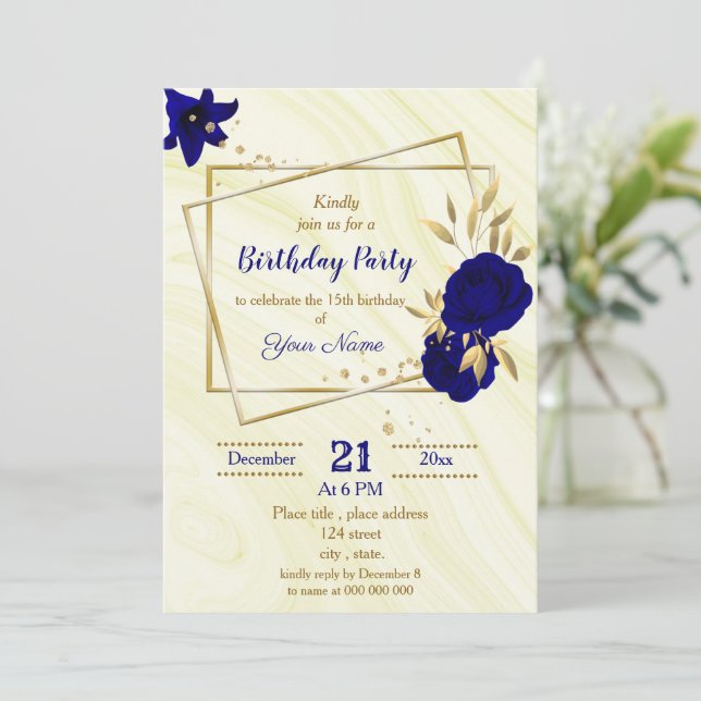 Invitation royal bleu or floral géométrique fête d'anniversai (Debout devant)