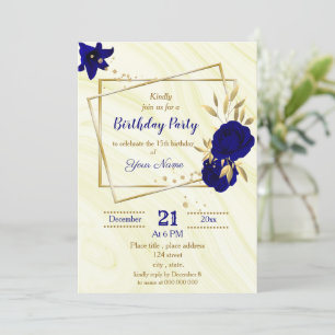 Invitation royal bleu or floral géométrique fête d'anniversai
