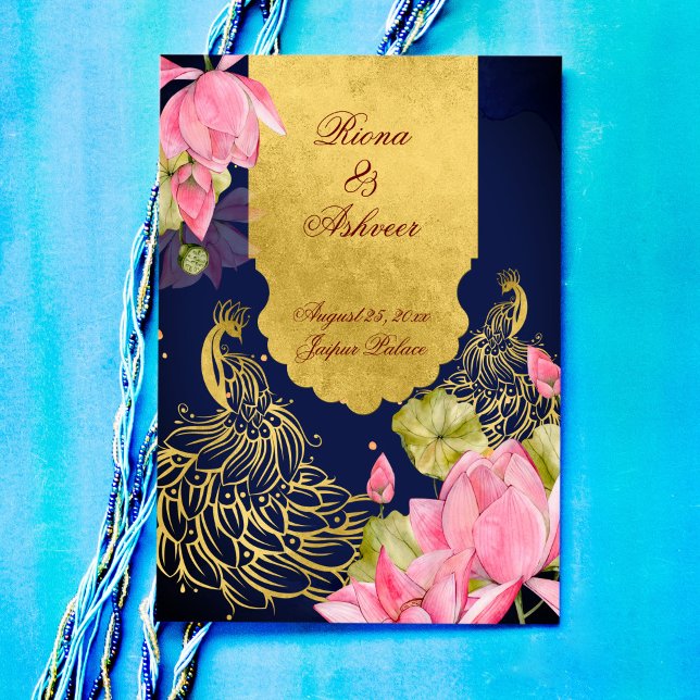 Invitation Royal bleu or paon rose lotus mariage indien (Créateur téléchargé)