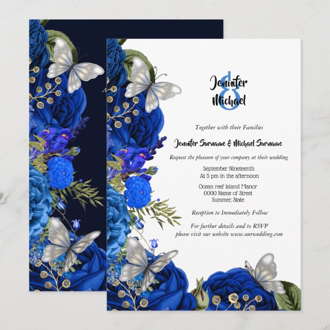 Invitation Royal bleu rose argent papillon feuillage chic (Devant / Derrière)