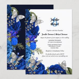 Invitation Royal bleu rose argent papillon feuillage chic
