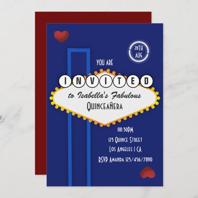 Invitation Royal Blue and Burgundy Las Vegas Quinceañera (Devant / Derrière)