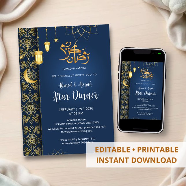 Invitation Royal Blue and Gold Islamic Floral Geometric Iftar (Créateur téléchargé)