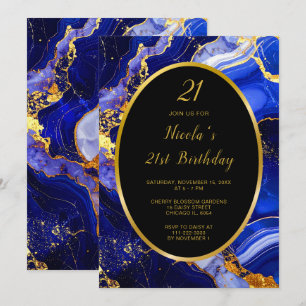 Invitation Royal Blue and Gold Marble Agate Anniversaire