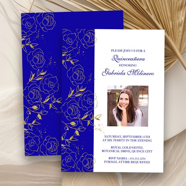 Invitation Royal Blue and Gold Quinceanera Photo élégante (Quinceanera Photo Invitation from my Elegant Gold Flowers Quinceanera Collection)
