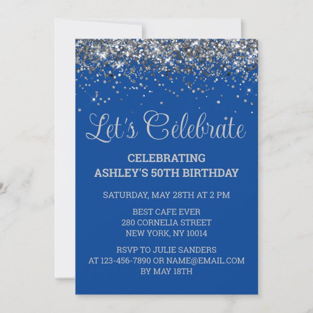 Invitation Royal Blue and Silver Glitter 50th Birthday Party (Devant)