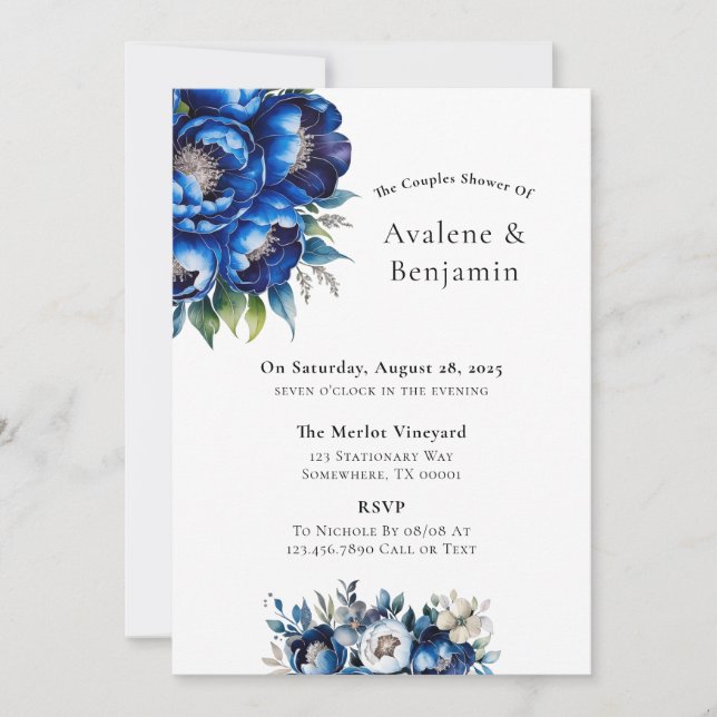 Invitation Royal Blue and Silver Parties scintillant Peony Co (Devant)