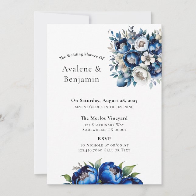 Invitation Royal Blue and Silver Parties scintillant Peony We (Devant)