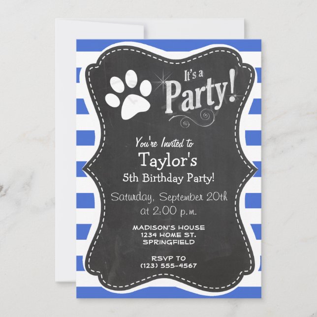 Invitation Royal Blue and White Stripes ; Empreinte de patte (Devant)