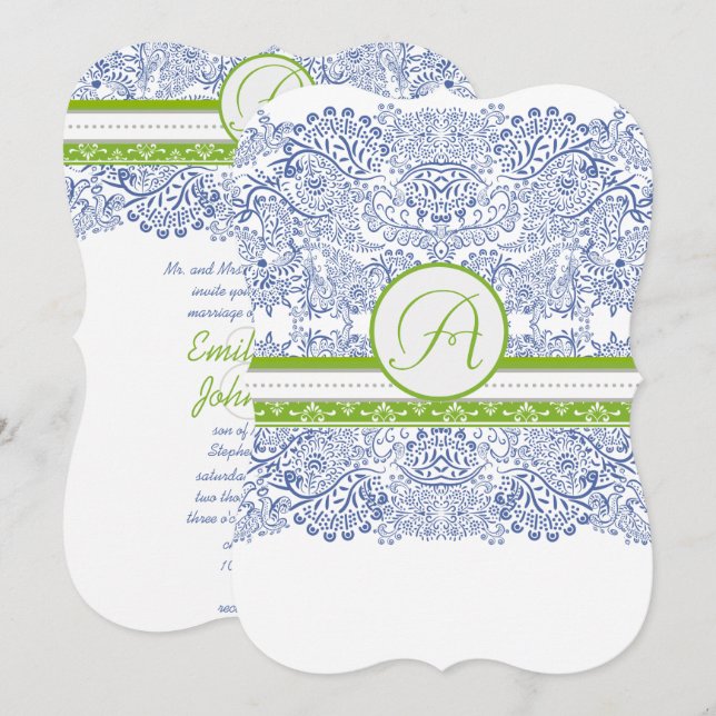 Invitation Royal Blue Apple Green Grey Inséparables Mariage (Devant / Derrière)