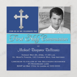 Invitation Royal Blue, Aqua 1st Holy Communion Photo Invitati