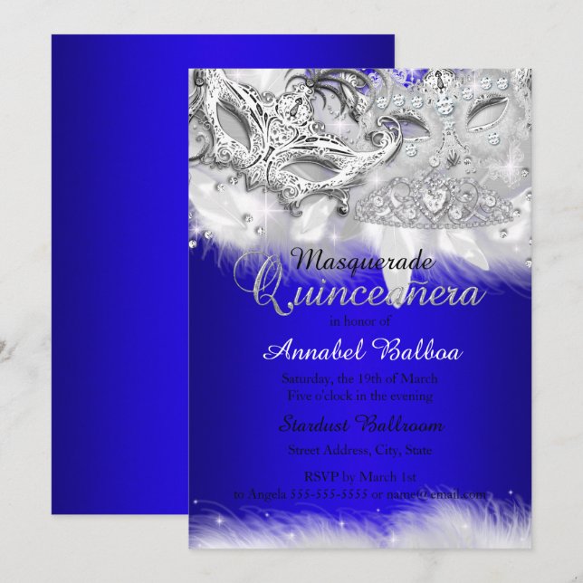 Invitation Royal Blue Argent étincelle Masquerade Quinceanera (Devant / Derrière)