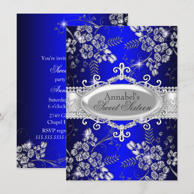 Invitation Royal Blue Argent Fleur étincelle Douce 16 Invitat (Devant / Derrière)
