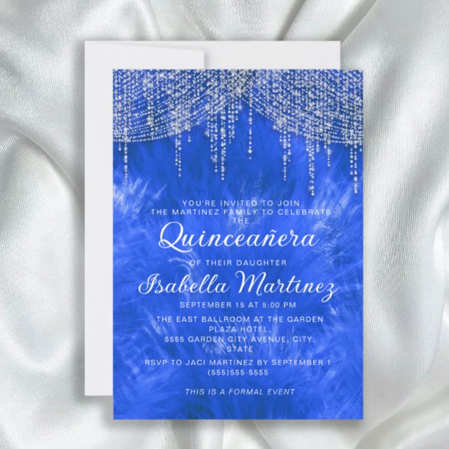 Invitation Royal Blue Argent String Lumière Élégante Quinceañ (Elegant royal blue and silver string lights Quinceañera invitation)